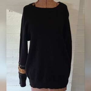 Molly Bracken Crewneck Knitted Sweater Sequin Embellished Jewel Sleeves SZ M/L